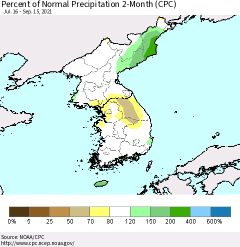 Korea Percent of Normal Precipitation 2-Month (CPC) Thematic Map For 7/16/2021 - 9/15/2021