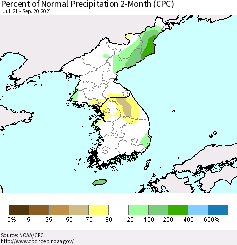 Korea Percent of Normal Precipitation 2-Month (CPC) Thematic Map For 7/21/2021 - 9/20/2021