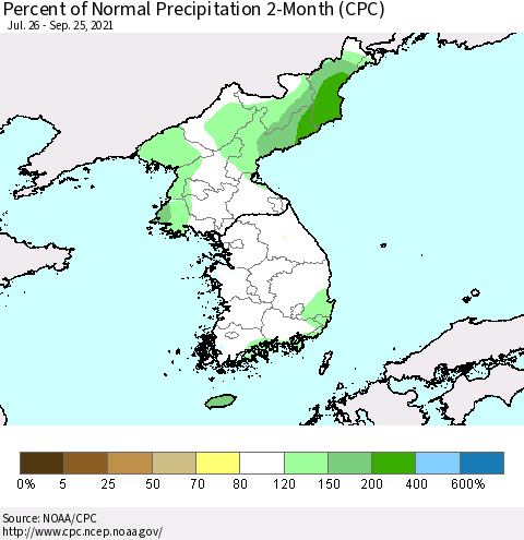 Korea Percent of Normal Precipitation 2-Month (CPC) Thematic Map For 7/26/2021 - 9/25/2021