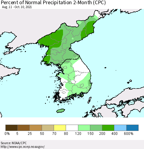 Korea Percent of Normal Precipitation 2-Month (CPC) Thematic Map For 8/11/2021 - 10/10/2021