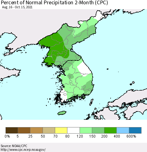 Korea Percent of Normal Precipitation 2-Month (CPC) Thematic Map For 8/16/2021 - 10/15/2021
