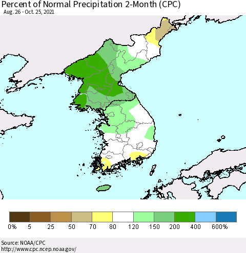 Korea Percent of Normal Precipitation 2-Month (CPC) Thematic Map For 8/26/2021 - 10/25/2021