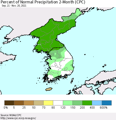 Korea Percent of Normal Precipitation 2-Month (CPC) Thematic Map For 9/21/2021 - 11/20/2021