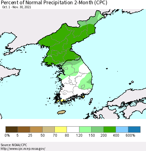 Korea Percent of Normal Precipitation 2-Month (CPC) Thematic Map For 10/1/2021 - 11/30/2021