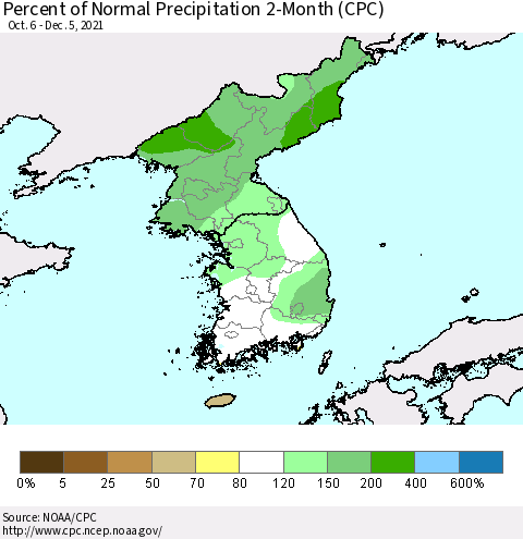 Korea Percent of Normal Precipitation 2-Month (CPC) Thematic Map For 10/6/2021 - 12/5/2021