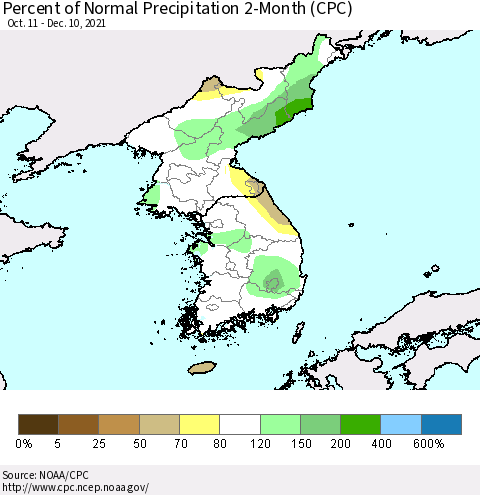 Korea Percent of Normal Precipitation 2-Month (CPC) Thematic Map For 10/11/2021 - 12/10/2021