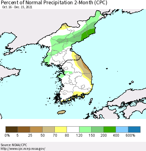Korea Percent of Normal Precipitation 2-Month (CPC) Thematic Map For 10/16/2021 - 12/15/2021