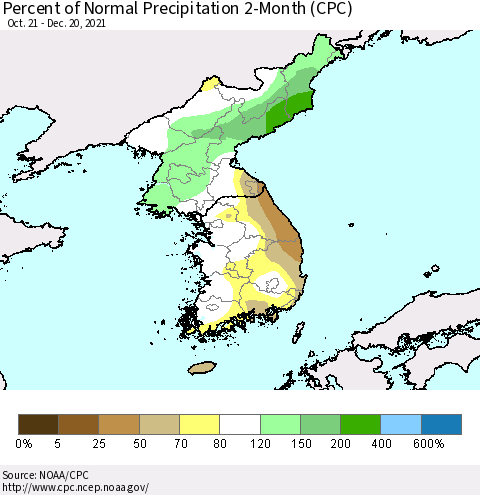 Korea Percent of Normal Precipitation 2-Month (CPC) Thematic Map For 10/21/2021 - 12/20/2021