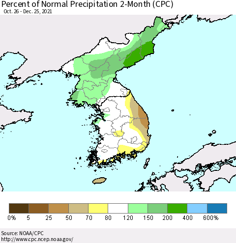Korea Percent of Normal Precipitation 2-Month (CPC) Thematic Map For 10/26/2021 - 12/25/2021