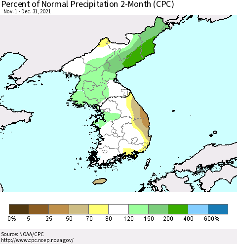 Korea Percent of Normal Precipitation 2-Month (CPC) Thematic Map For 11/1/2021 - 12/31/2021