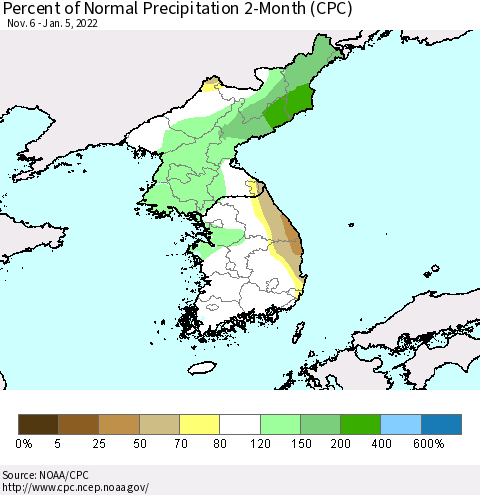Korea Percent of Normal Precipitation 2-Month (CPC) Thematic Map For 11/6/2021 - 1/5/2022