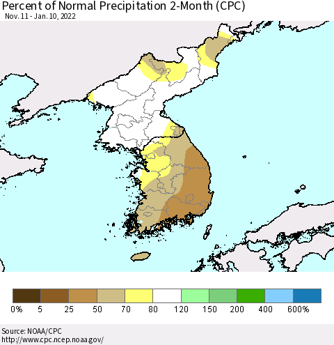 Korea Percent of Normal Precipitation 2-Month (CPC) Thematic Map For 11/11/2021 - 1/10/2022