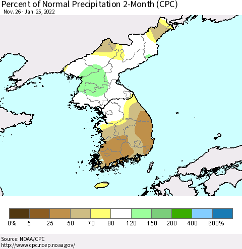 Korea Percent of Normal Precipitation 2-Month (CPC) Thematic Map For 11/26/2021 - 1/25/2022