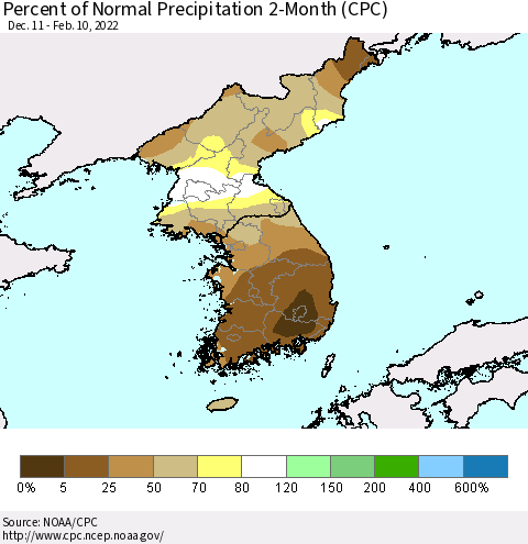 Korea Percent of Normal Precipitation 2-Month (CPC) Thematic Map For 12/11/2021 - 2/10/2022