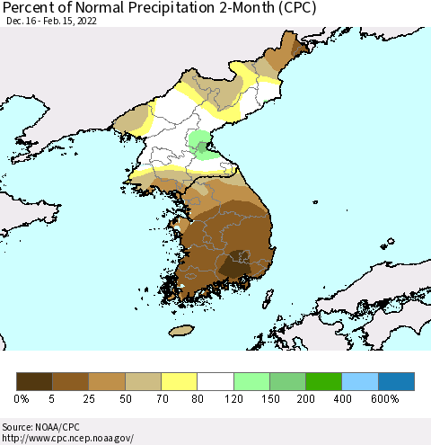 Korea Percent of Normal Precipitation 2-Month (CPC) Thematic Map For 12/16/2021 - 2/15/2022