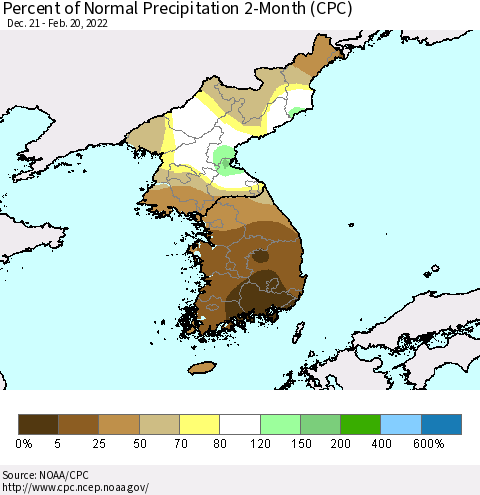 Korea Percent of Normal Precipitation 2-Month (CPC) Thematic Map For 12/21/2021 - 2/20/2022