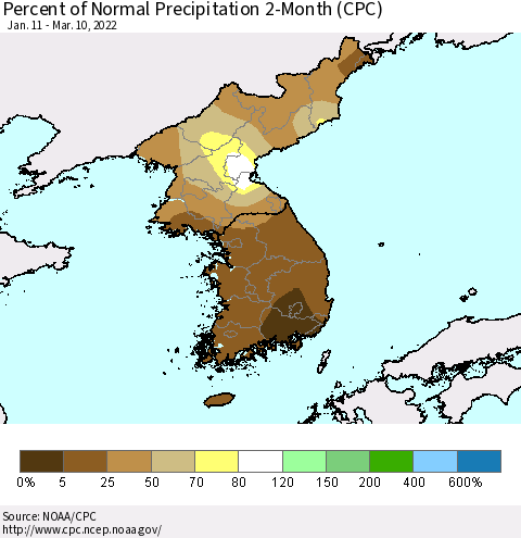 Korea Percent of Normal Precipitation 2-Month (CPC) Thematic Map For 1/11/2022 - 3/10/2022