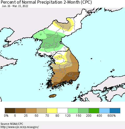 Korea Percent of Normal Precipitation 2-Month (CPC) Thematic Map For 1/16/2022 - 3/15/2022