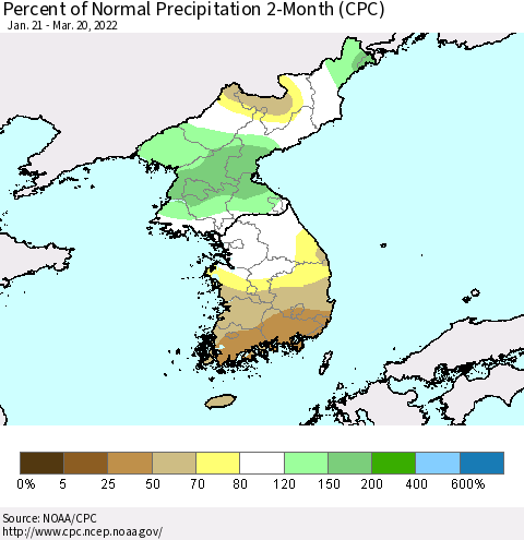Korea Percent of Normal Precipitation 2-Month (CPC) Thematic Map For 1/21/2022 - 3/20/2022