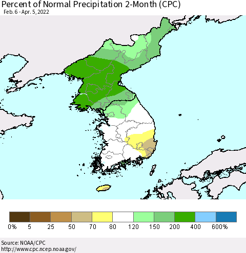 Korea Percent of Normal Precipitation 2-Month (CPC) Thematic Map For 2/6/2022 - 4/5/2022