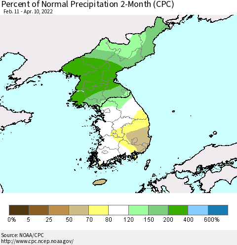 Korea Percent of Normal Precipitation 2-Month (CPC) Thematic Map For 2/11/2022 - 4/10/2022