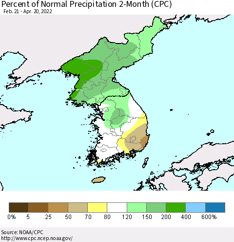 Korea Percent of Normal Precipitation 2-Month (CPC) Thematic Map For 2/21/2022 - 4/20/2022