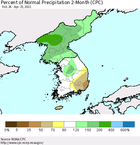 Korea Percent of Normal Precipitation 2-Month (CPC) Thematic Map For 2/26/2022 - 4/25/2022