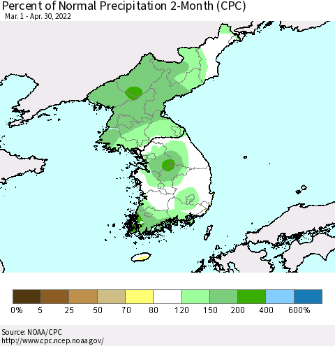 Korea Percent of Normal Precipitation 2-Month (CPC) Thematic Map For 3/1/2022 - 4/30/2022