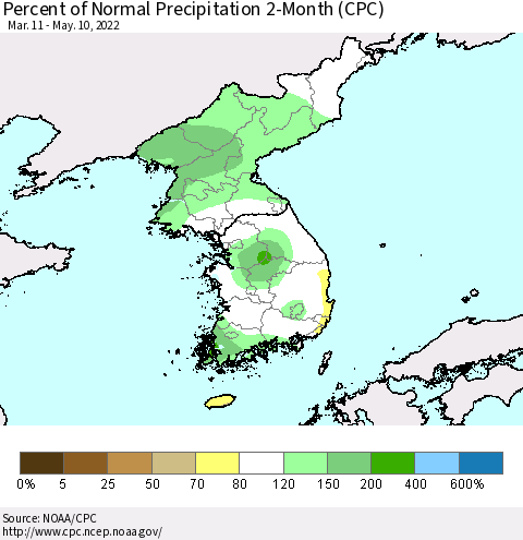 Korea Percent of Normal Precipitation 2-Month (CPC) Thematic Map For 3/11/2022 - 5/10/2022