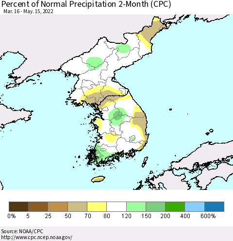 Korea Percent of Normal Precipitation 2-Month (CPC) Thematic Map For 3/16/2022 - 5/15/2022