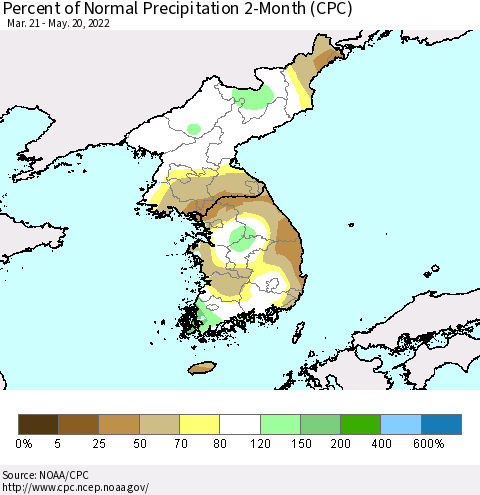 Korea Percent of Normal Precipitation 2-Month (CPC) Thematic Map For 3/21/2022 - 5/20/2022