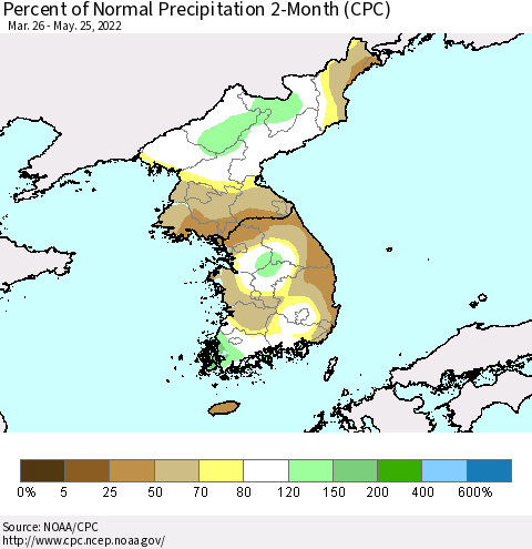Korea Percent of Normal Precipitation 2-Month (CPC) Thematic Map For 3/26/2022 - 5/25/2022