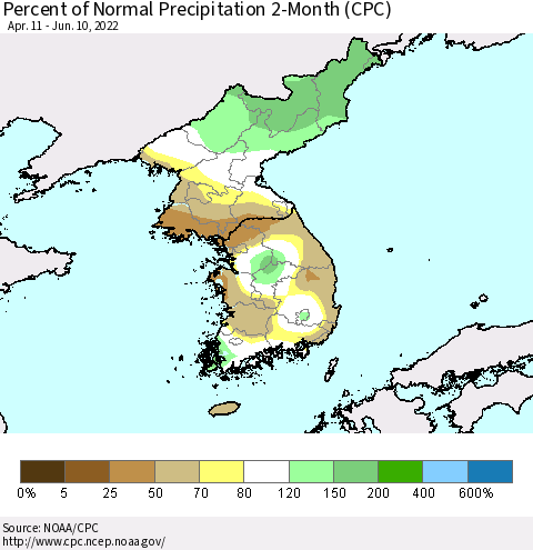 Korea Percent of Normal Precipitation 2-Month (CPC) Thematic Map For 4/11/2022 - 6/10/2022
