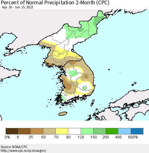 Korea Percent of Normal Precipitation 2-Month (CPC) Thematic Map For 4/16/2022 - 6/15/2022