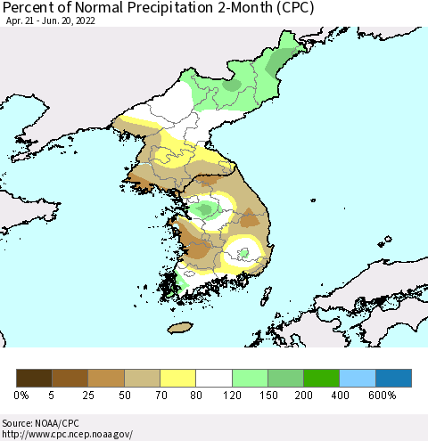 Korea Percent of Normal Precipitation 2-Month (CPC) Thematic Map For 4/21/2022 - 6/20/2022