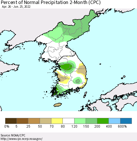 Korea Percent of Normal Precipitation 2-Month (CPC) Thematic Map For 4/26/2022 - 6/25/2022