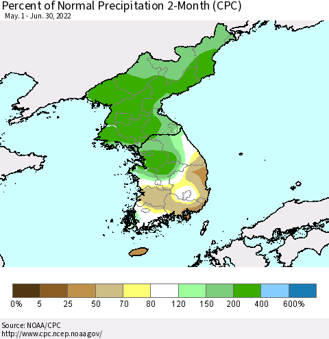 Korea Percent of Normal Precipitation 2-Month (CPC) Thematic Map For 5/1/2022 - 6/30/2022