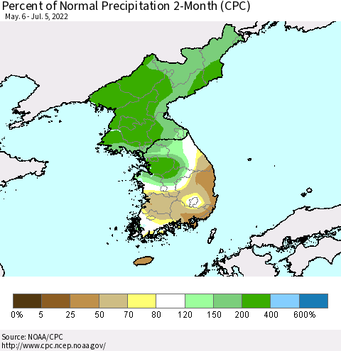 Korea Percent of Normal Precipitation 2-Month (CPC) Thematic Map For 5/6/2022 - 7/5/2022