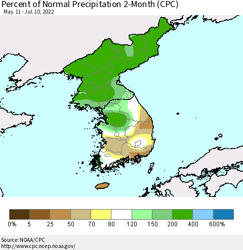 Korea Percent of Normal Precipitation 2-Month (CPC) Thematic Map For 5/11/2022 - 7/10/2022