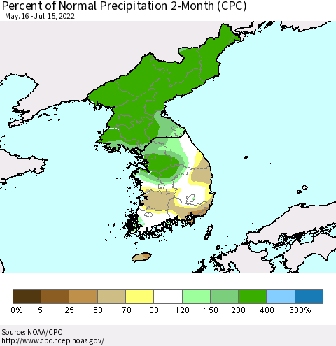 Korea Percent of Normal Precipitation 2-Month (CPC) Thematic Map For 5/16/2022 - 7/15/2022