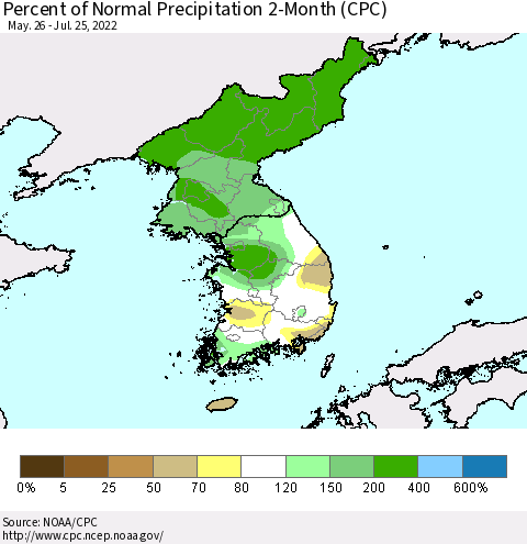 Korea Percent of Normal Precipitation 2-Month (CPC) Thematic Map For 5/26/2022 - 7/25/2022