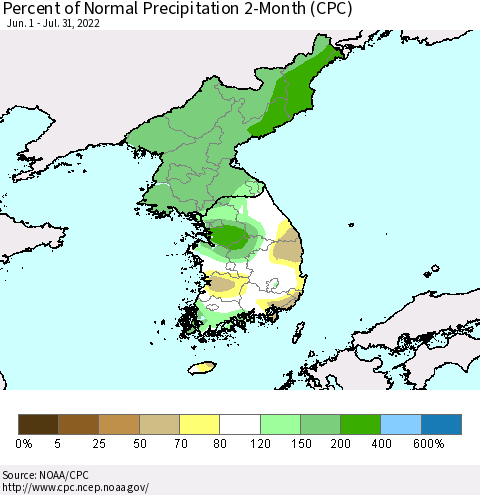 Korea Percent of Normal Precipitation 2-Month (CPC) Thematic Map For 6/1/2022 - 7/31/2022