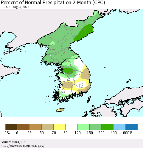 Korea Percent of Normal Precipitation 2-Month (CPC) Thematic Map For 6/6/2022 - 8/5/2022