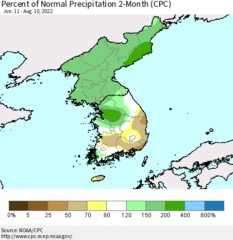 Korea Percent of Normal Precipitation 2-Month (CPC) Thematic Map For 6/11/2022 - 8/10/2022