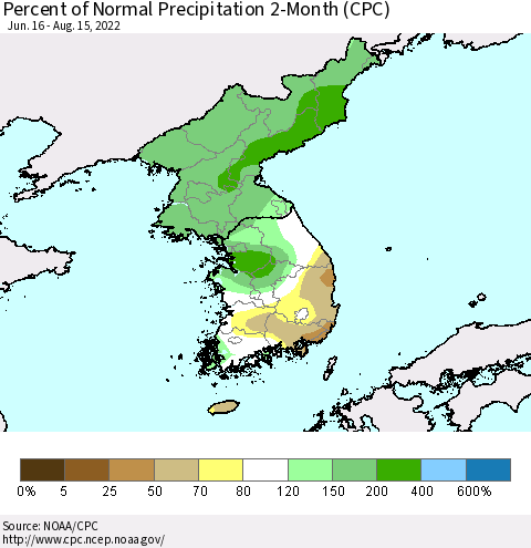 Korea Percent of Normal Precipitation 2-Month (CPC) Thematic Map For 6/16/2022 - 8/15/2022