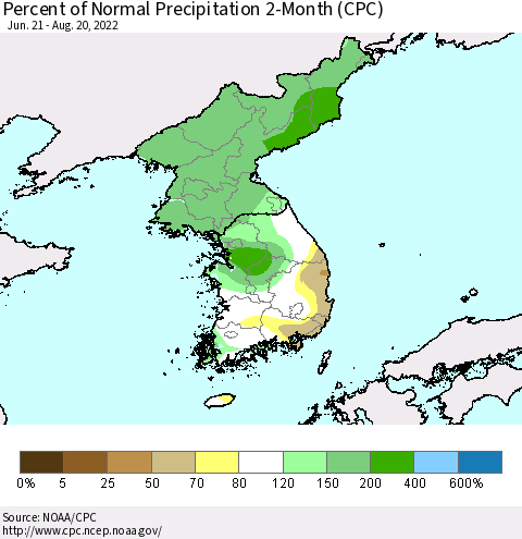Korea Percent of Normal Precipitation 2-Month (CPC) Thematic Map For 6/21/2022 - 8/20/2022