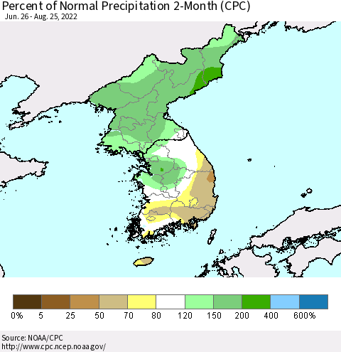 Korea Percent of Normal Precipitation 2-Month (CPC) Thematic Map For 6/26/2022 - 8/25/2022