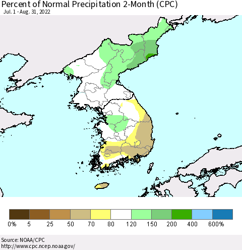 Korea Percent of Normal Precipitation 2-Month (CPC) Thematic Map For 7/1/2022 - 8/31/2022
