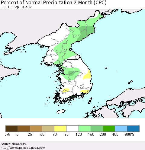 Korea Percent of Normal Precipitation 2-Month (CPC) Thematic Map For 7/11/2022 - 9/10/2022