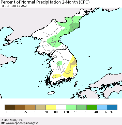 Korea Percent of Normal Precipitation 2-Month (CPC) Thematic Map For 7/16/2022 - 9/15/2022